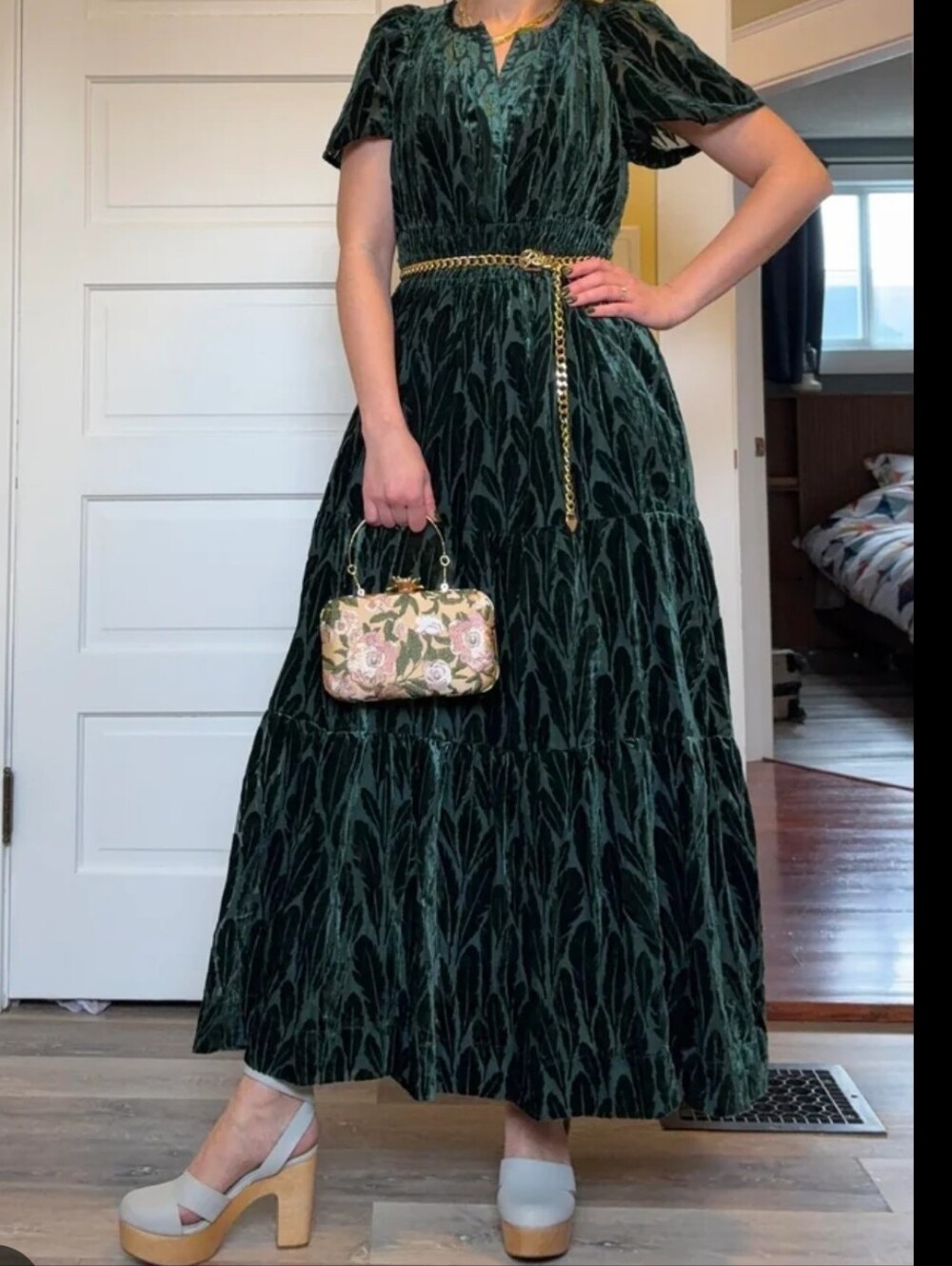 Anthropologie Summerset Velvet Burnout Feather Print Maxi Tiered Dress - Picture 2 of 10